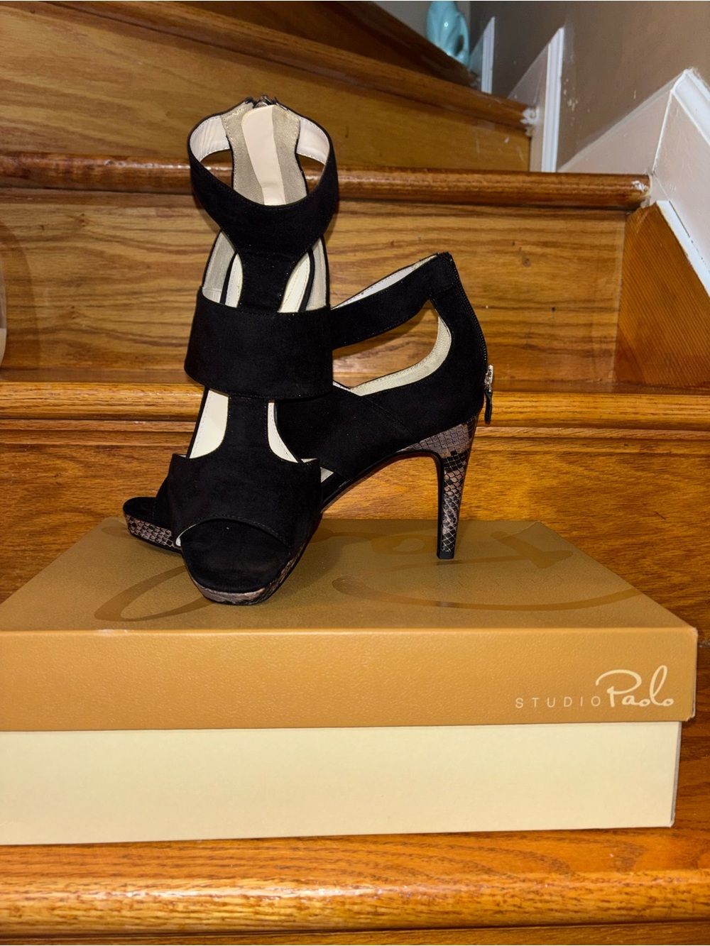 Studio Paolo Black Suede Strappy Peep-Toe Heels